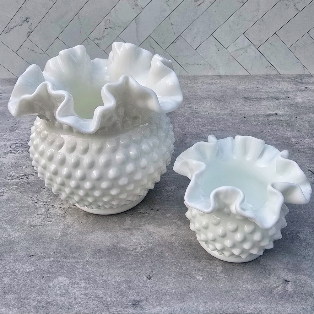 Fenton White Milk Glass Hobnail Ruffled Edge Bowl Set of 2 Vintage Art Glass